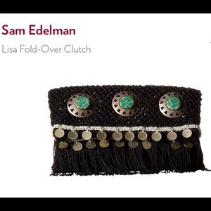 Sam Edelman- Lisa- black fringed fold over clutch 3 stone /coin embellished NWT